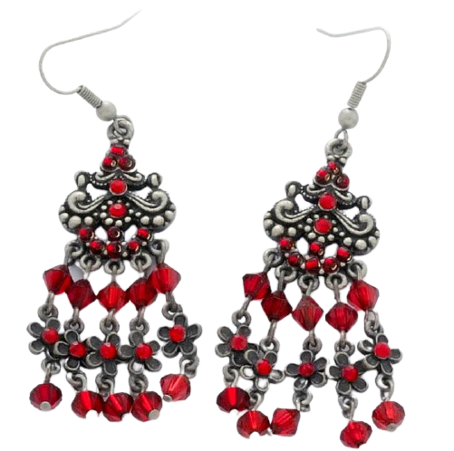 Σκουλαρίκια αλπακά ανάγλυφα διακοσμημένα με στράς και χάντρες σε κόκκινο χρώμα