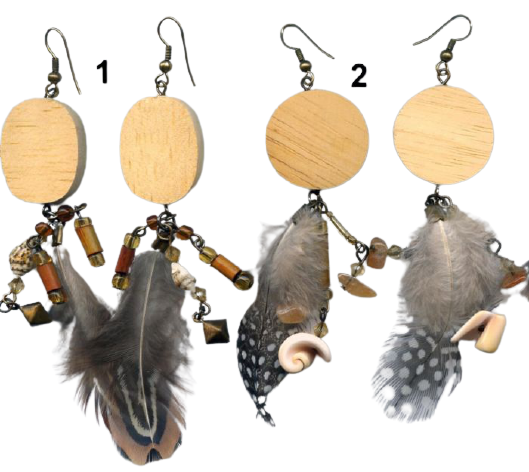 Σκουλαρίκια ξύλινα με αλυσίδα, πέτρες και φτερά-1