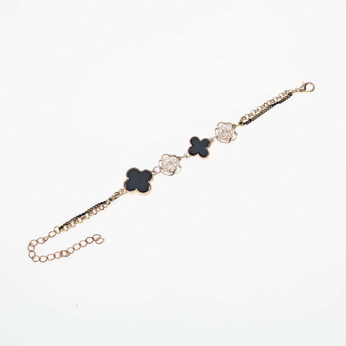 Βραχιόλι με μαύρα λουλούδια και ροζέτες από ροζ χρυσό