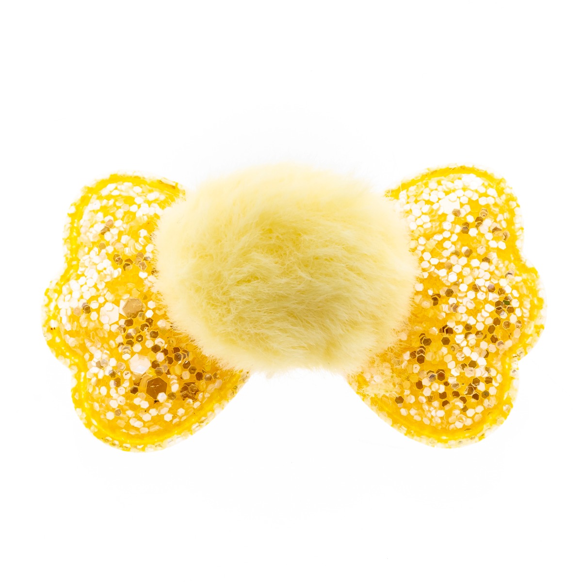 Κλίπ παιδικό υφασμάτινο με φιόγκο χρυσόσκονη και πομ πομ γούνινο (συσκευασία 2 τεμάχια) -Κίτρινο