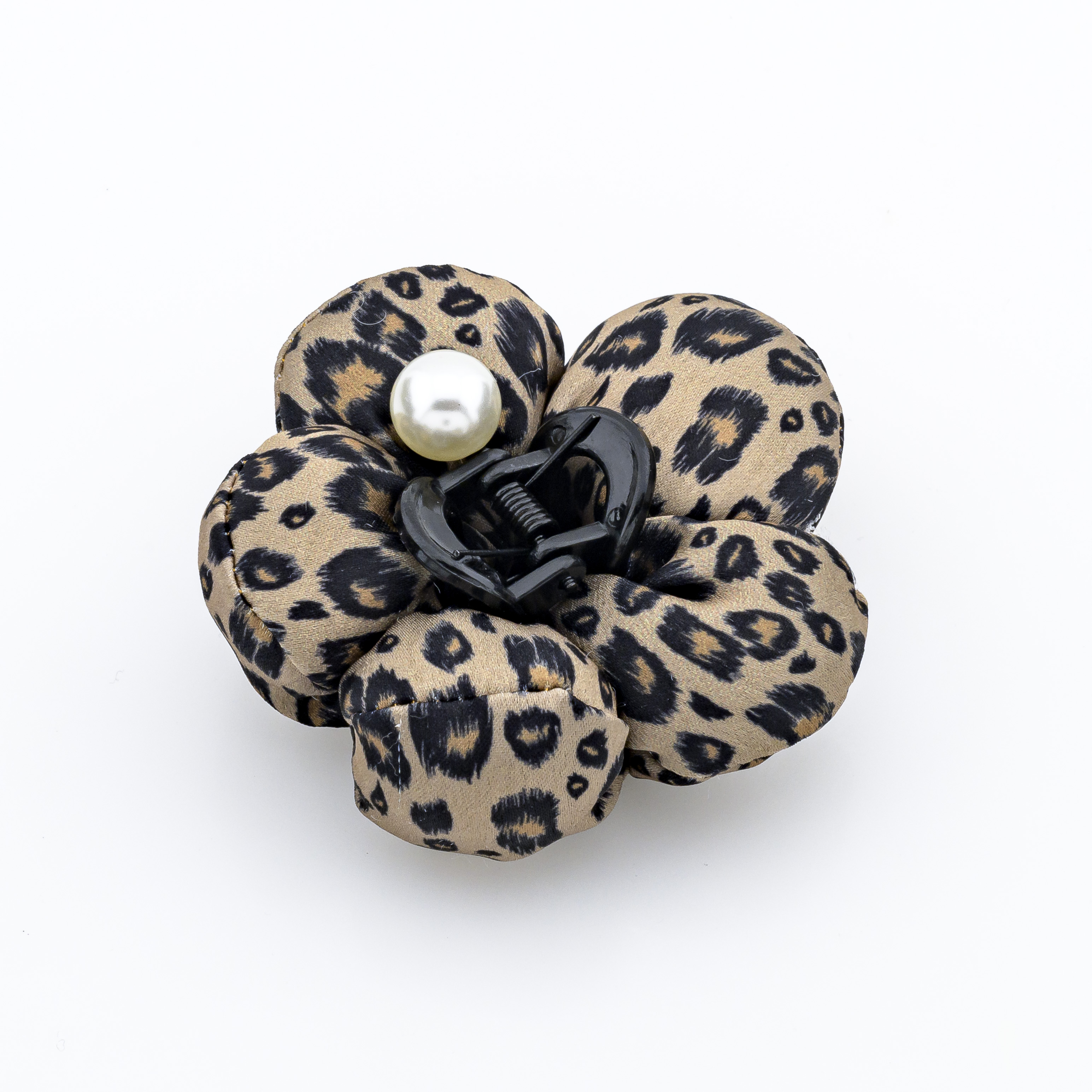 Κλάμερ Λουλούδι Animal Print &amp; Λευκή Πέρλα -Καφέ