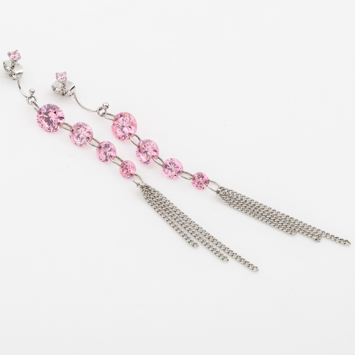 Σκουλαρίκια μεταλλικά με στρογγυλά ζιργκόν και αλυσίδες-Ροζ