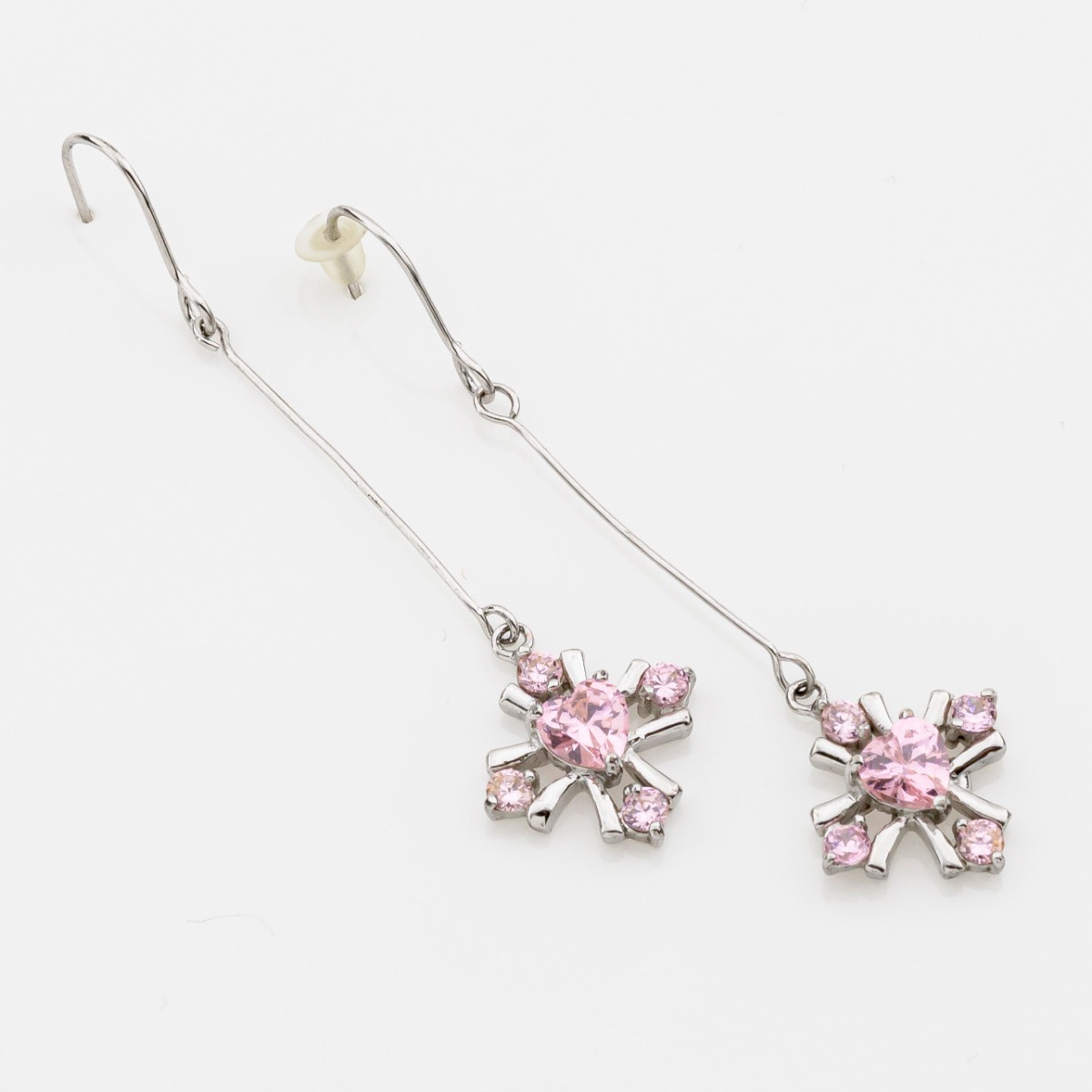 Σκουλαρίκια μεταλλικά κρεμαστά σχέδιο σταυρός διακοσμημένος με ζιργκόν-Ροζ