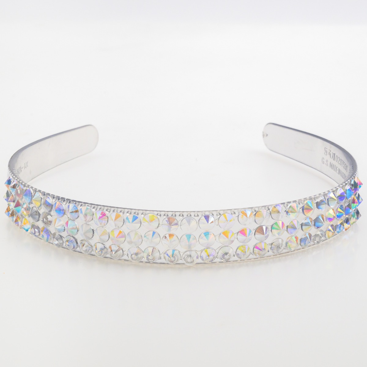 Φαρδιά διάφανη στέκα μαλλιών με τρεις σειρές από μεγάλα ιριδίζοντα κρύσταλλα