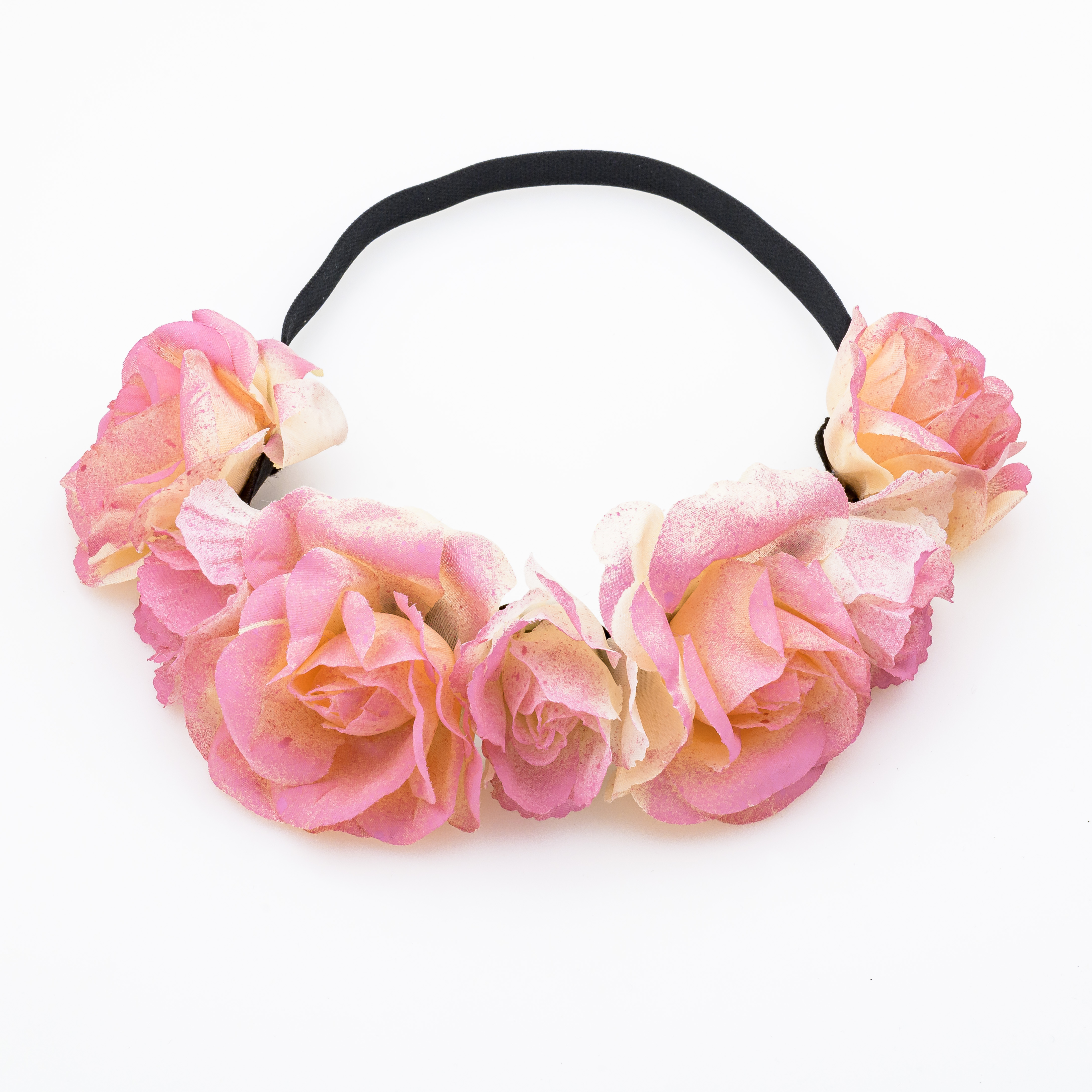 Στέκα με Λάστιχο &amp; Υφασμάτινα Λουλούδια-Ροζ