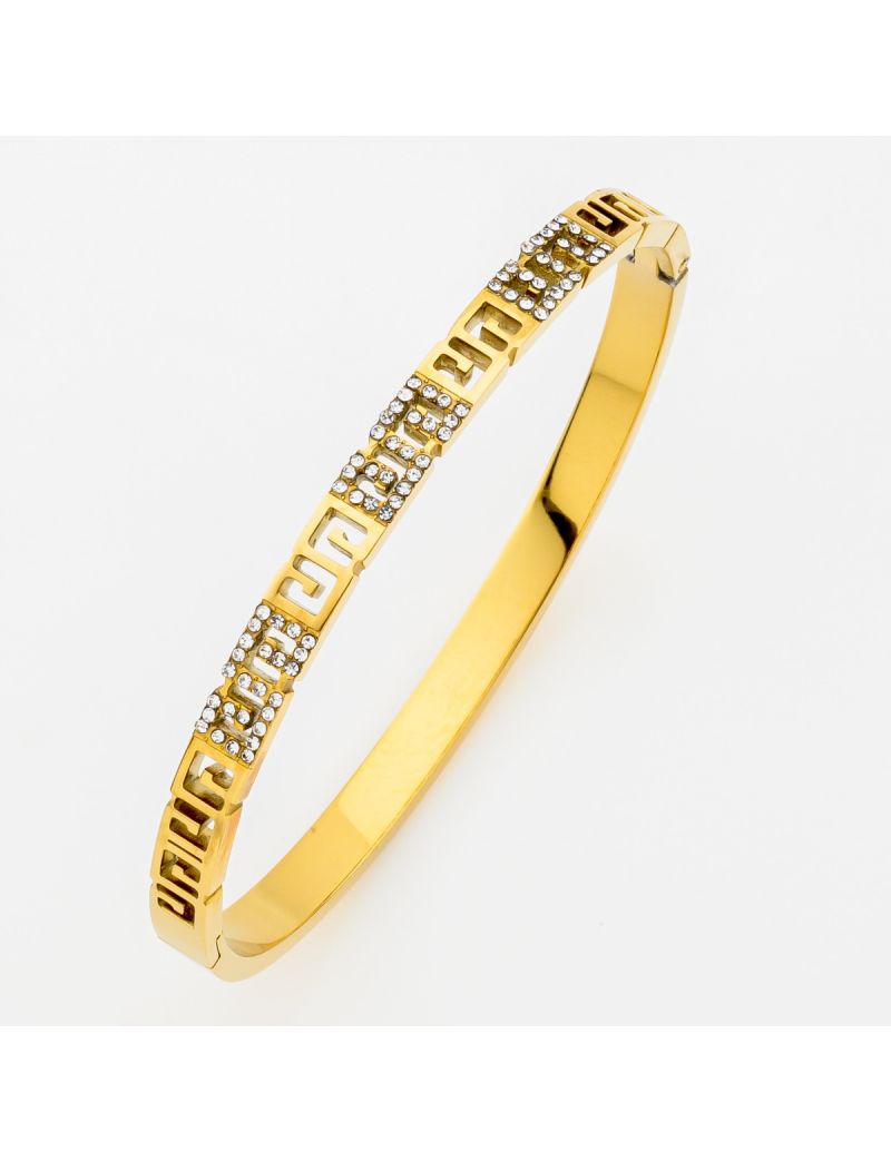 Χρυσό Ατσάλινο Βραχιόλι Bangle με Γεωμετρικό Σχέδιο & Ζιργκόν