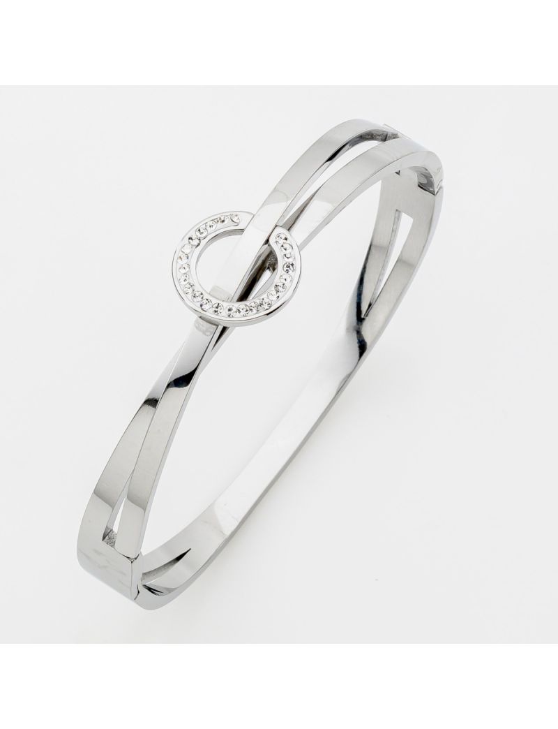 Ασημί Ατσάλινο Βραχιόλι Bangle με Χιαστί Σχέδιο & Κύκλο με Ζιργκόν