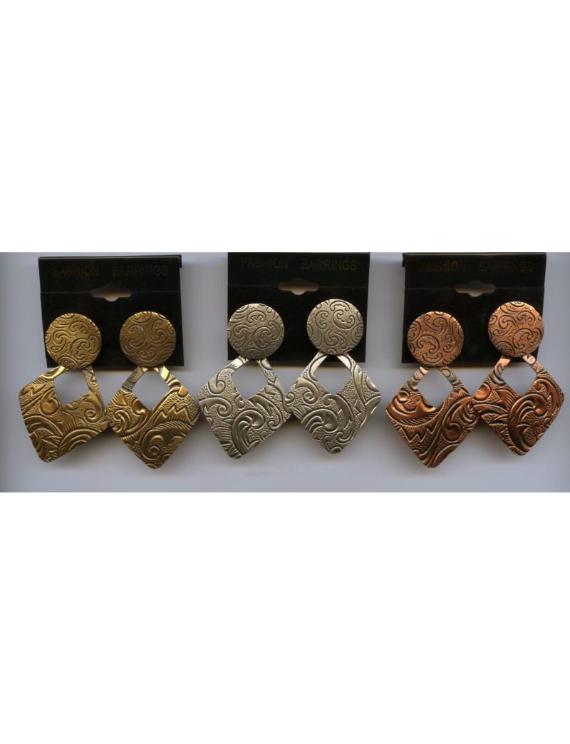 Σκουλαρίκια μεταλλικά χαραγμένα σχέδια σε ρόμβους-Χρυσό