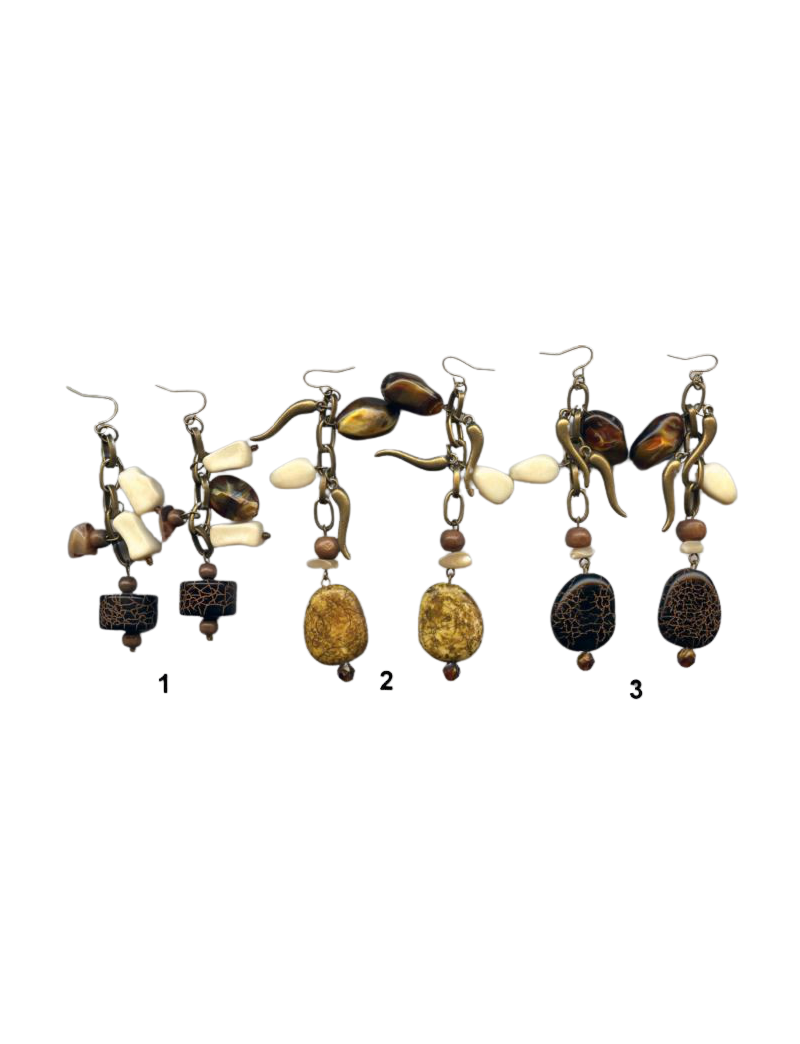 Σκουλαρίκια μπρούτζινα διακοσμημένα με πέτρες, ξύλο και μεταλλικές λεπτομέρειες-2