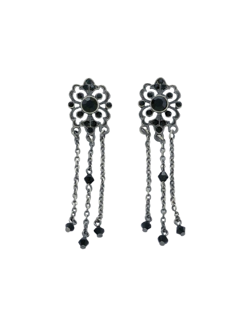 Σκουλαρίκια μεταλλικά μακριά ασημί με αλυσίδες και στράς σε 2 χρώματα-Μαύρο