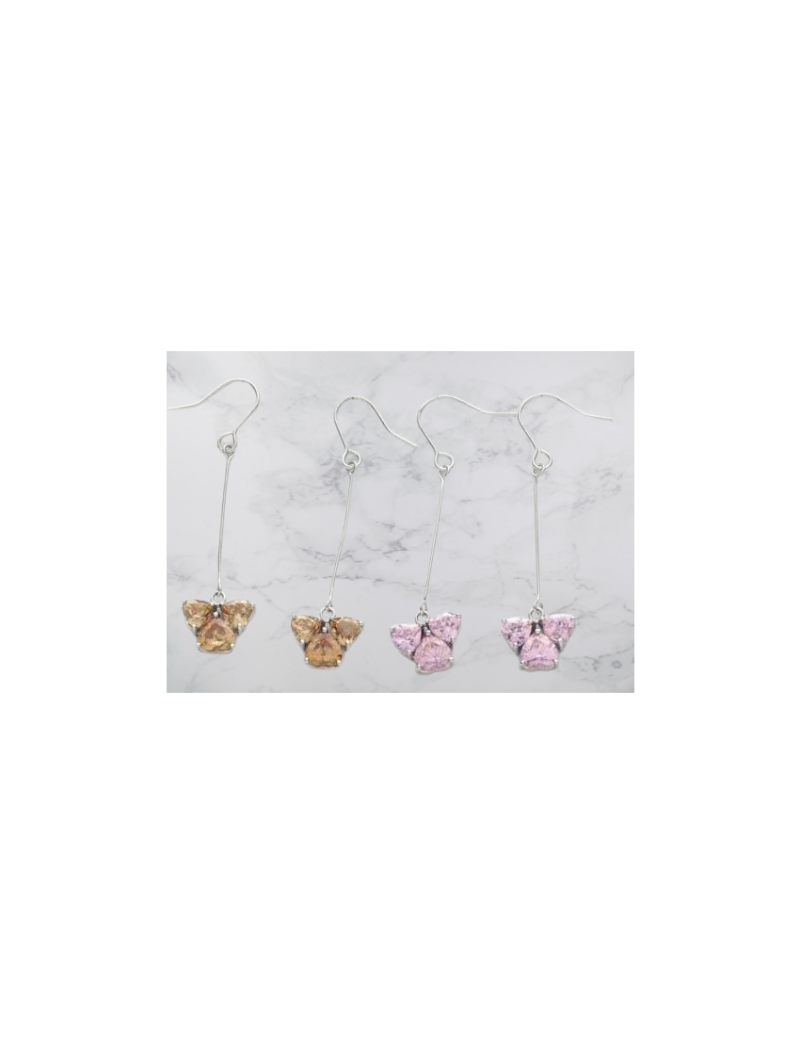 Σκουλαρίκια μεταλλικές κρεμαστές πεταλούδες διακοσμημένες με ζιργκόν σε 4 χρώματα-Ροζ