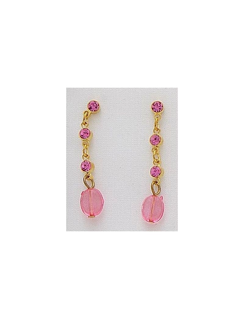 Σκουλαρίκια μεταλλική χρυσή αλυσίδα διακοσμημένη με στράς σε 4 χρώματα-Ροζ
