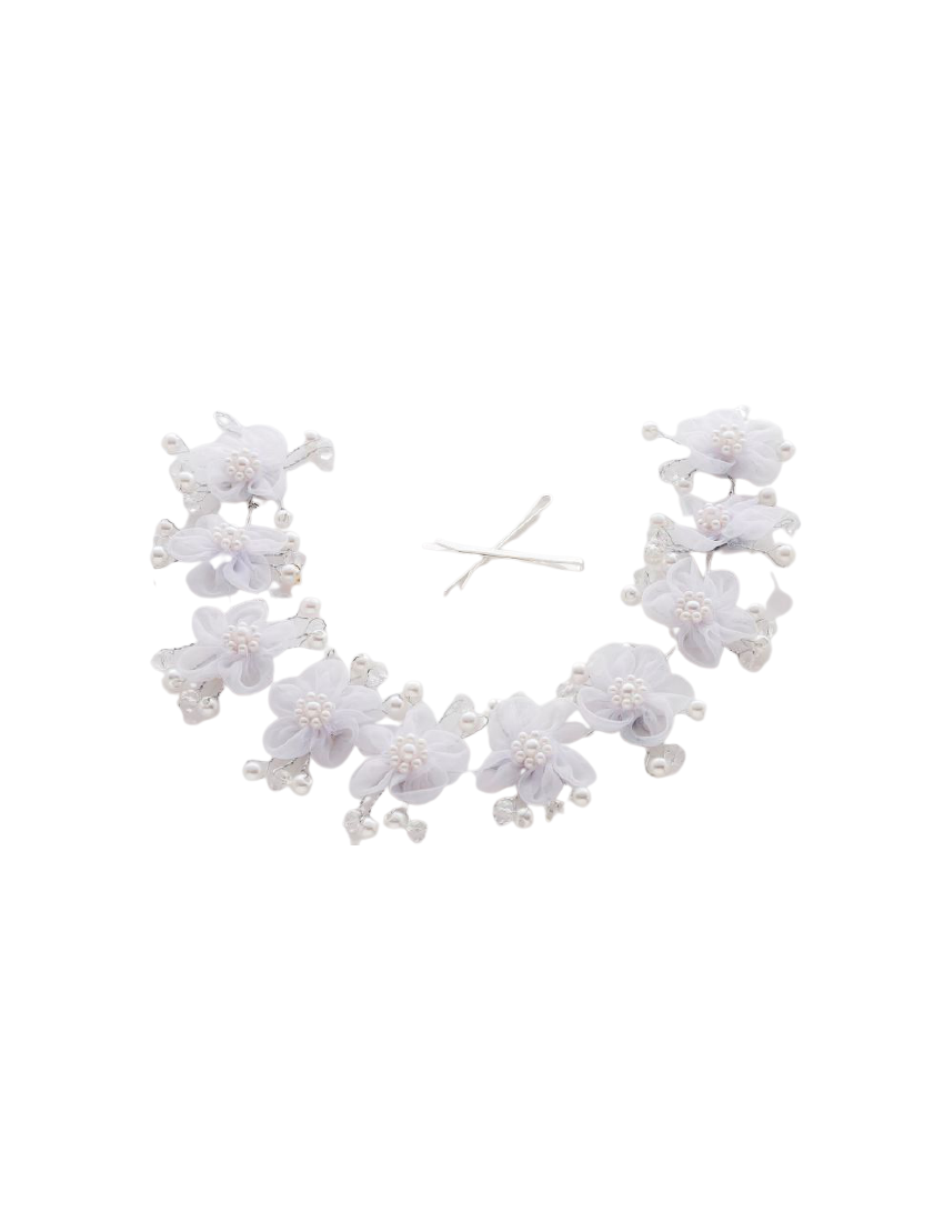 Στέκα μεταλλική νυφική διακοσμημένη με υφασμάτινα λουλούδια,λευκές και ημιδιάφανες χάντρες