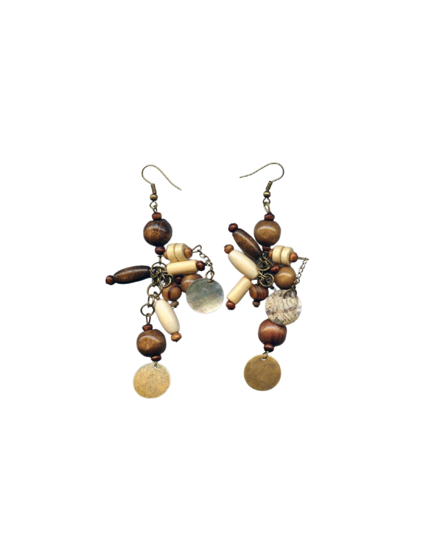 Σκουλαρίκια μεταλλικά με φίλντισι σε 3 χρώματα και ξύλινες λεπτομέρειες