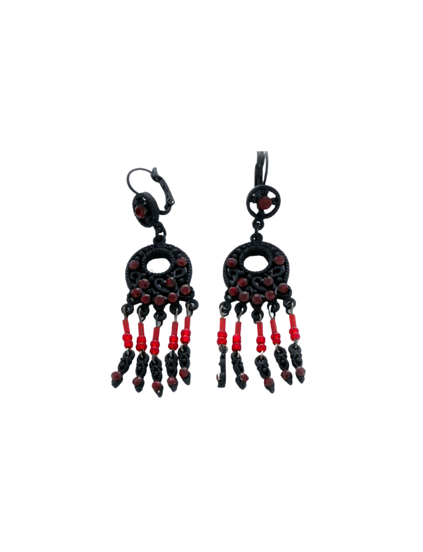 Μεταλλικά Boho Σκουλαρίκια : Μαύρο με Κόκκινες Χάντρες
