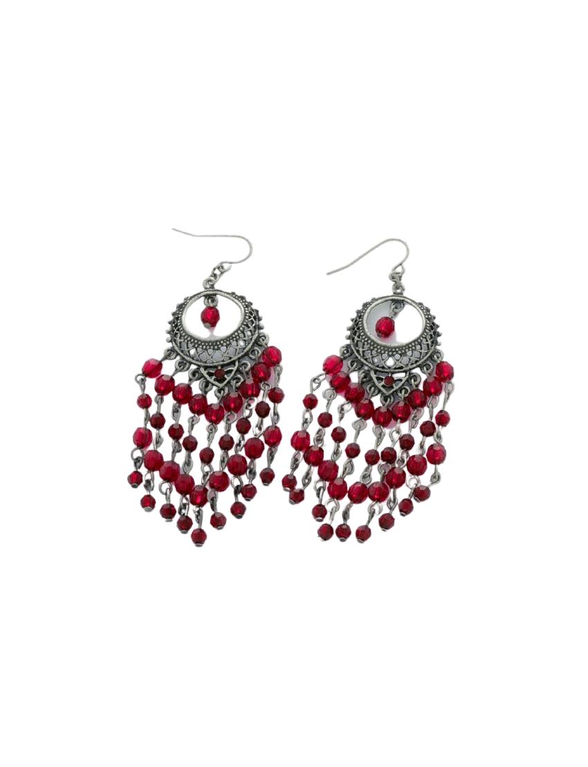 Σκουλαρίκια μεταλλικά ασημί παλαιωμένα διακοσμημένα με αλυσίδες και κόκκινες χάντρες