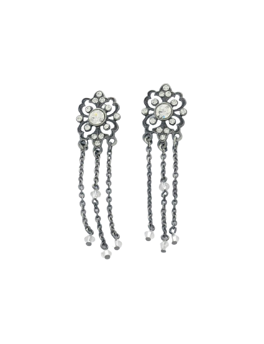 Σκουλαρίκια μεταλλικά μακριά ασημί με αλυσίδες και στράς σε λευκό και μαύρο χρώμα