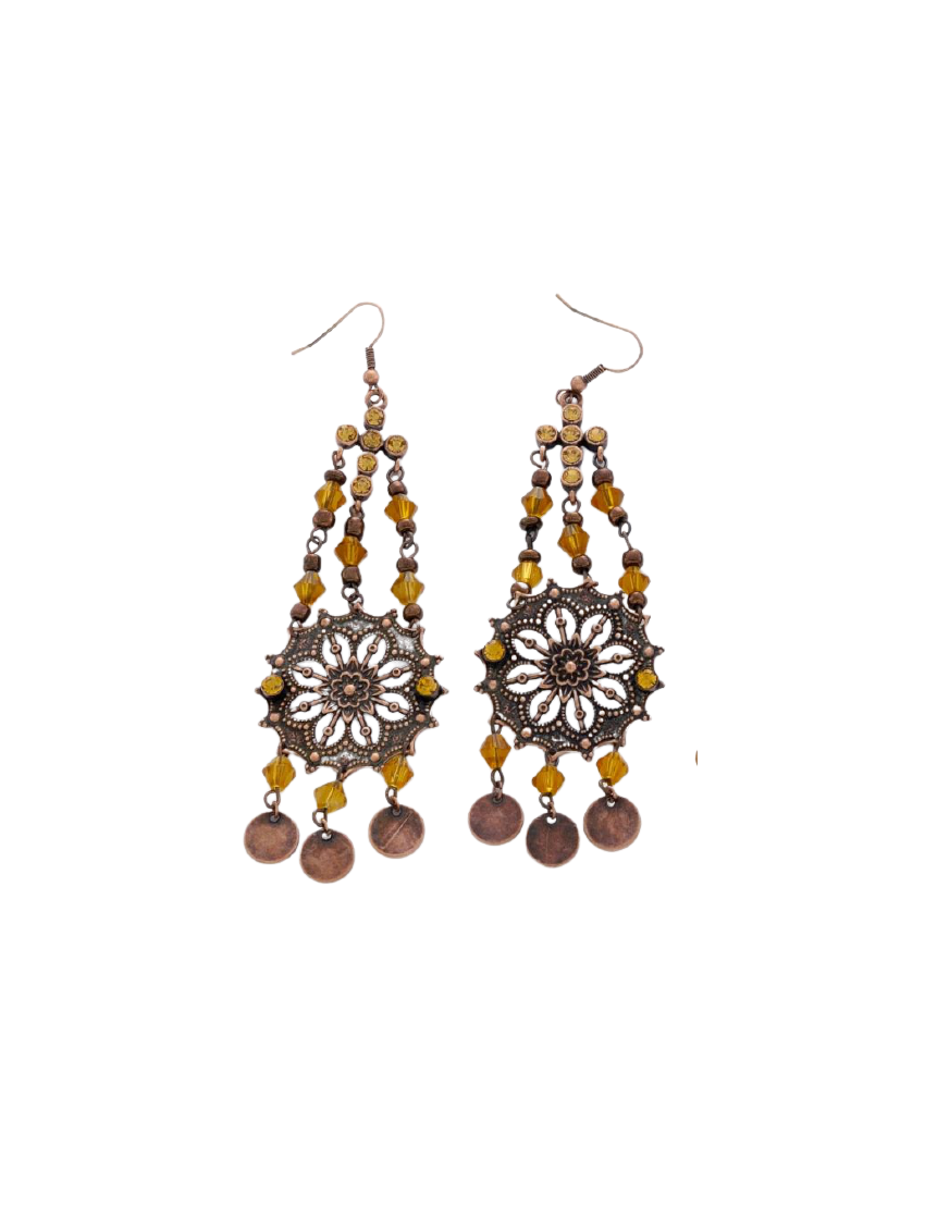 Σκουλαρίκια μεταλλικά χάλκινη ροζέτα διακοσμημένη με πορτοκαλί χάντρες