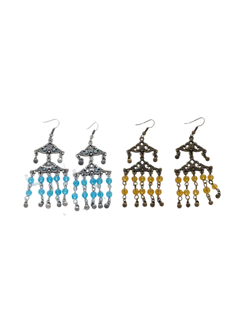 Σκουλαρίκια μεταλλικά κρεμαστά διακοσμημένα με μπλέ και πορτοκαλί χάντρες