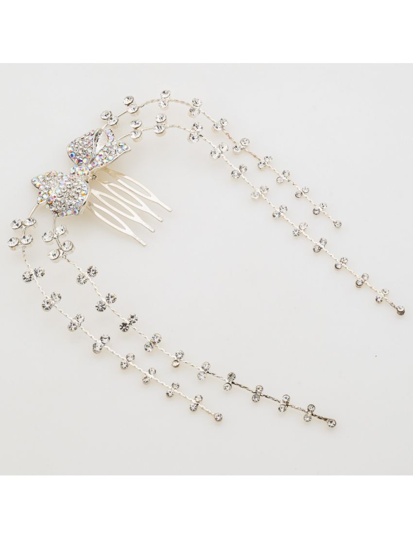 Premium Crystal Bow Hair Piece με Falling Rhinestone Chains