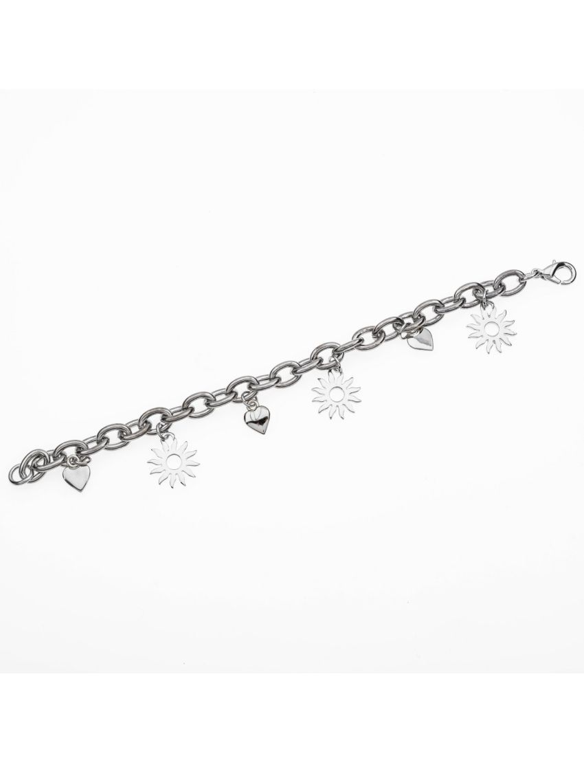 Ασημί Μεταλλικό Βραχιόλι με Αλυσίδα και Κρεμαστά Ήλιο & Καρδιά