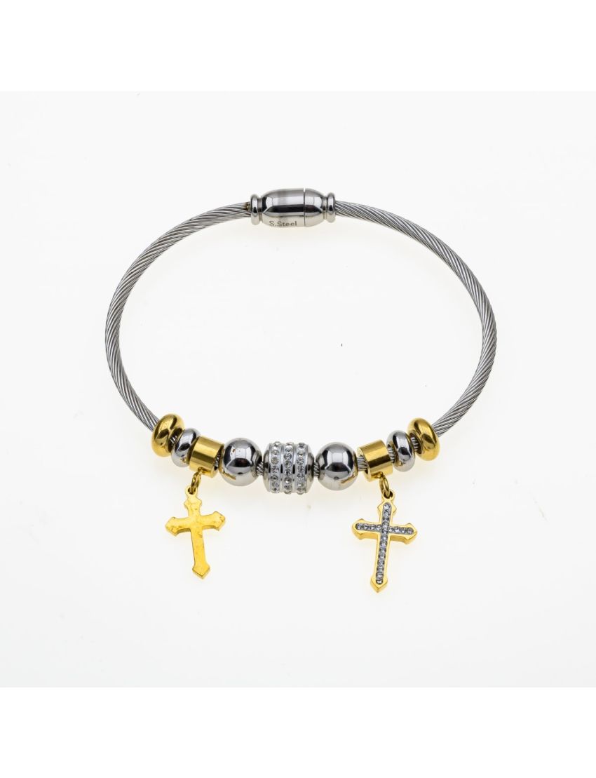 Βραχιόλι Χειροπέδα Ανοιγόμενο Διακοσμημένο με Μεταλλικές Χάντρες και Σταυρό σε 2 Χρώματα