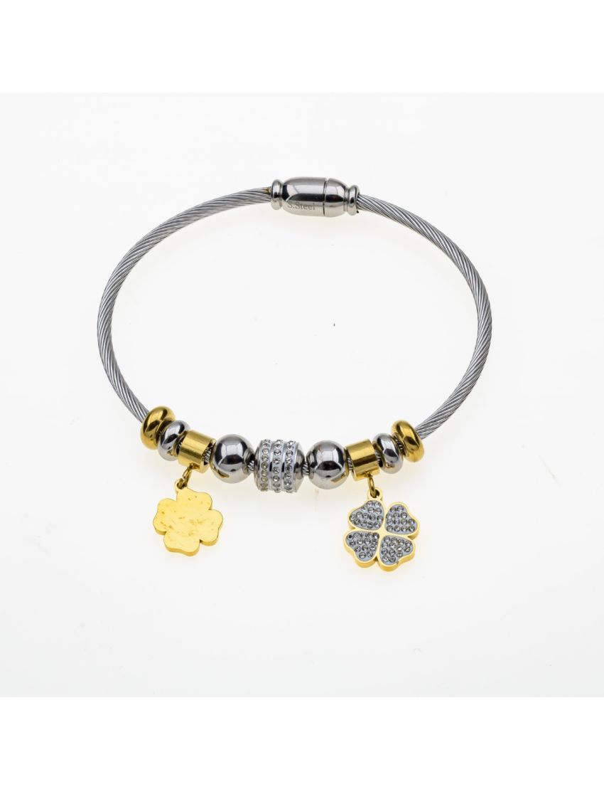 Βραχιόλι Χειροπέδα Ανοιγόμενο Διακοσμημένο με Μεταλλικές Χάντρες και Τετράφυλλο Τριφύλλι σε 2 Χρώματα