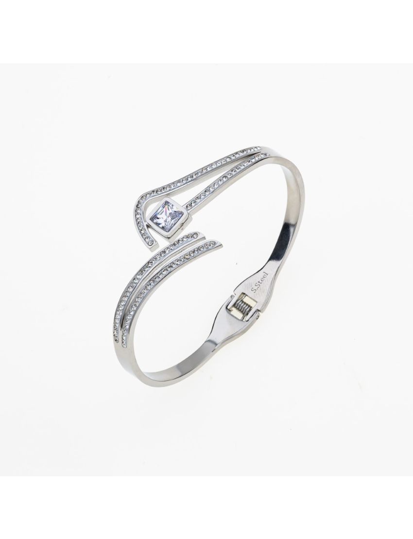 Βραχιόλι Μεταλλικό Ανοιγόμενο με Περίτεχνο Σχέδιο, Στράς και Τετράγωνη Πέτρα