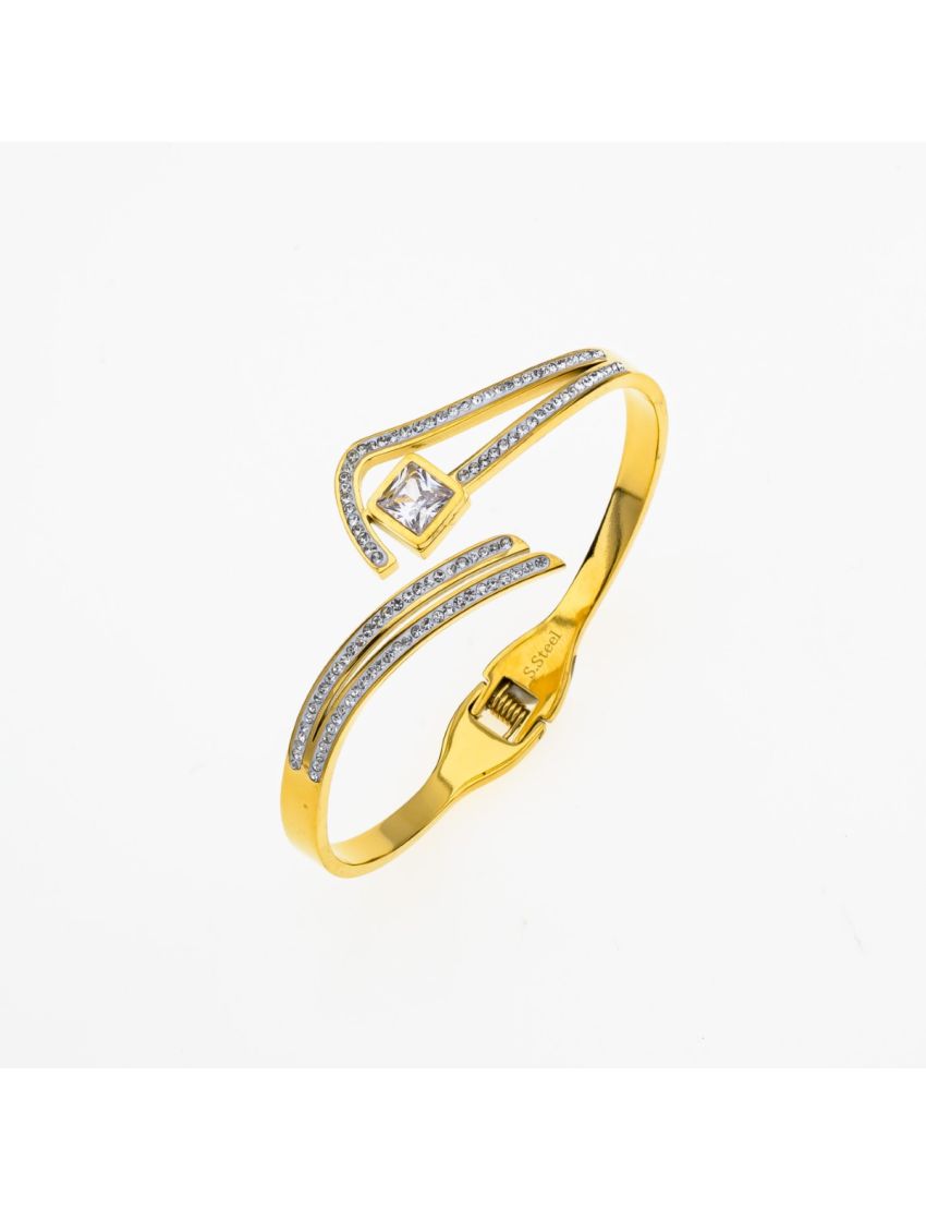 Βραχιόλι Μεταλλικό Ανοιγόμενο με Περίτεχνο Σχέδιο, Στράς και Τετράγωνη Πέτρα