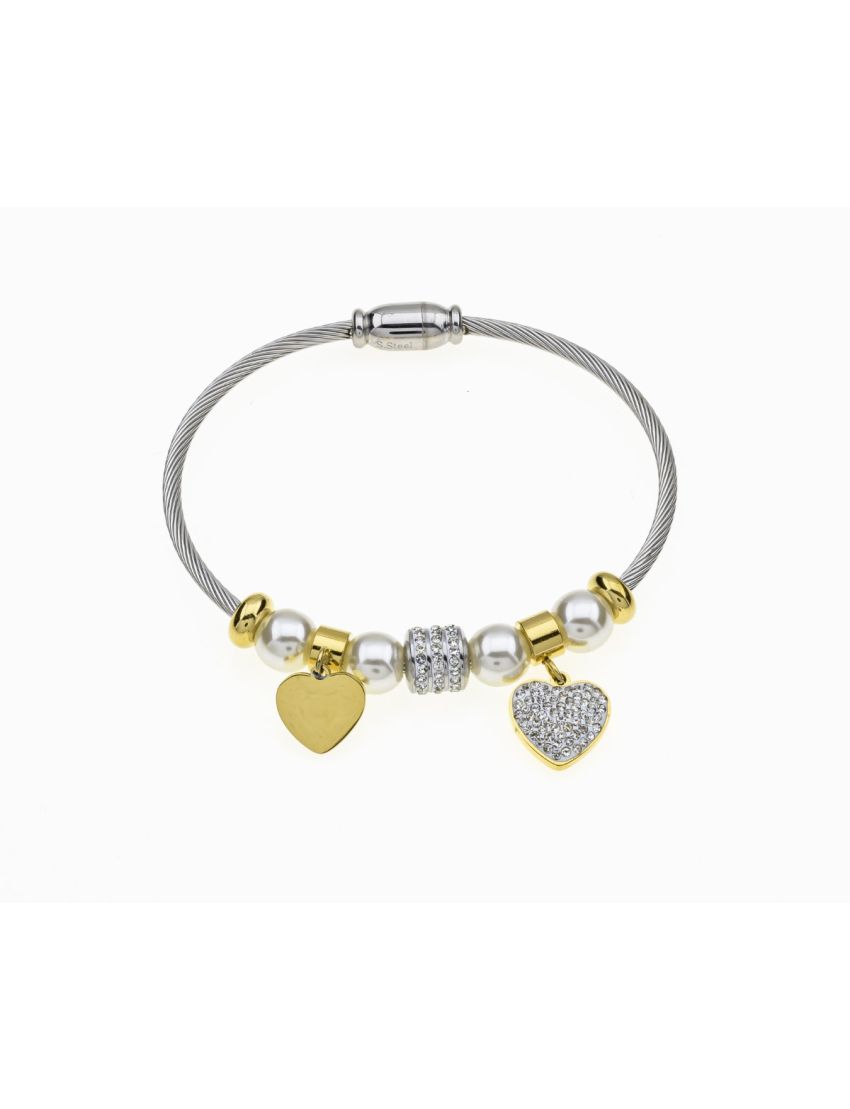 Χειροπέδα Βραχιόλι με Καρδιές & Λευκές Πέρλες – Μοναδική Λάμψη σε Κάθε Στιγμή