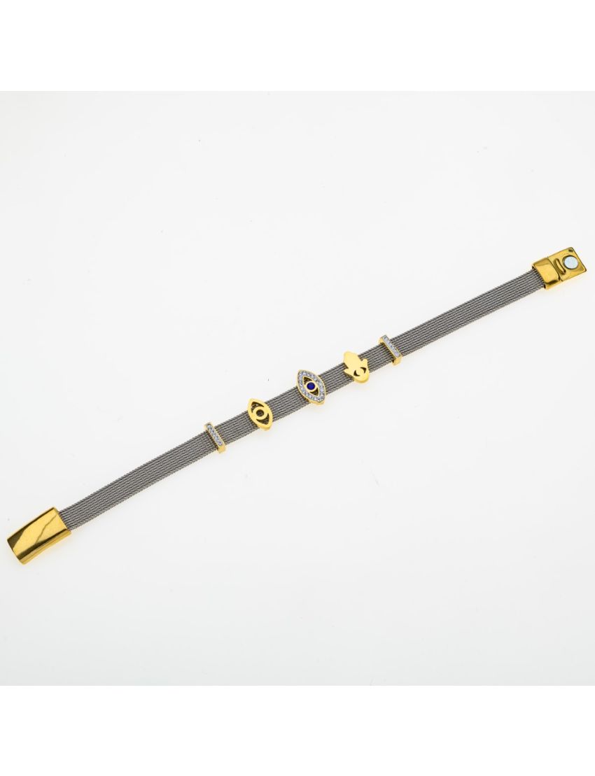 Βραχιόλι από ανοξείδωτο ατσάλι με χρυσές λεπτομέρειες και φυλαχτό ματάκι