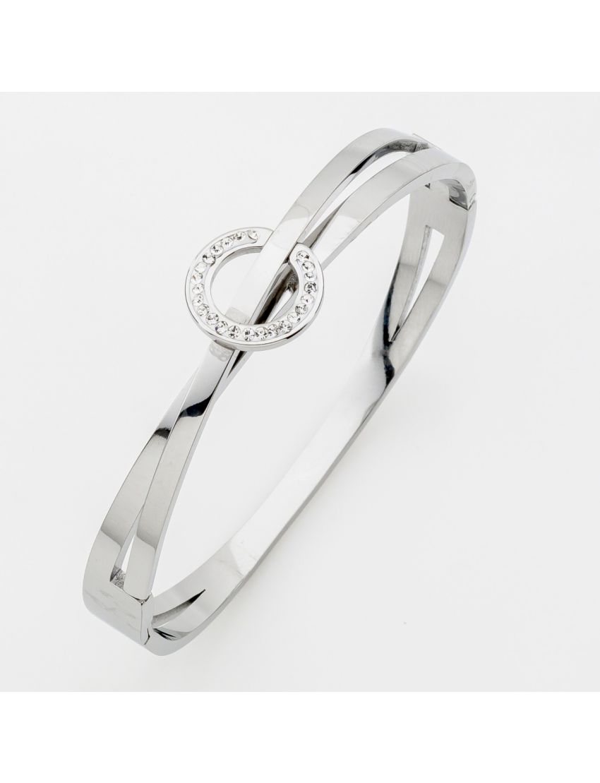 Ασημί Ατσάλινο Βραχιόλι Bangle με Χιαστί Σχέδιο & Κύκλο με Ζιργκόν