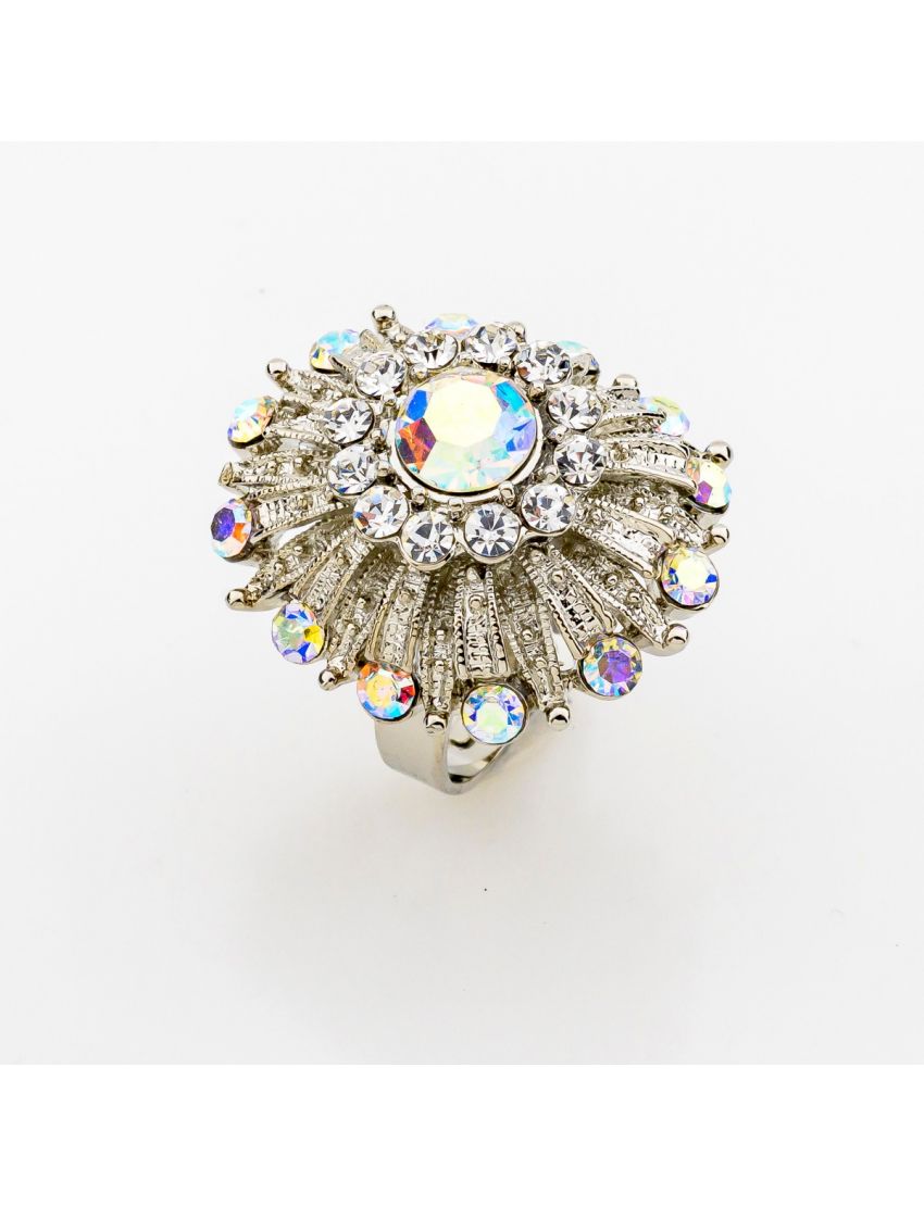 Δαχτυλίδι μεταλλικό σε ασημί χρώμα,μεγάλο εντυπωσιακό σχέδιο με στράς (6 χρώματα)