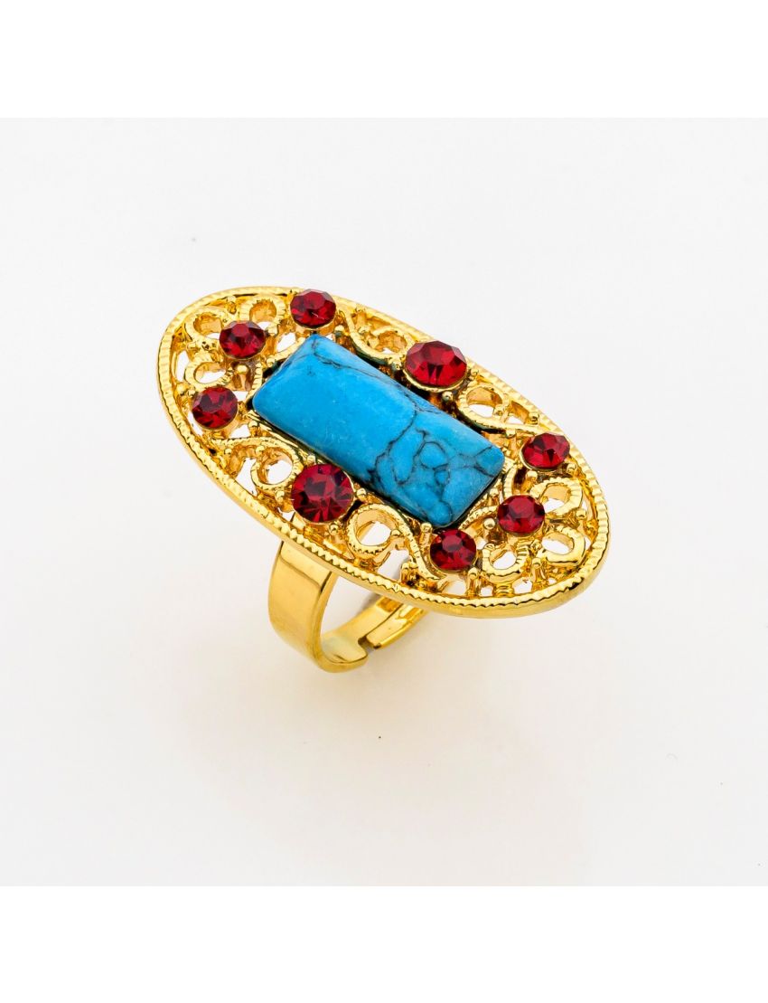 Δαχτυλίδι μεταλλικό σε χρυσό χρώμα με μπλέ πέτρα και στράς (6 χρώματα)