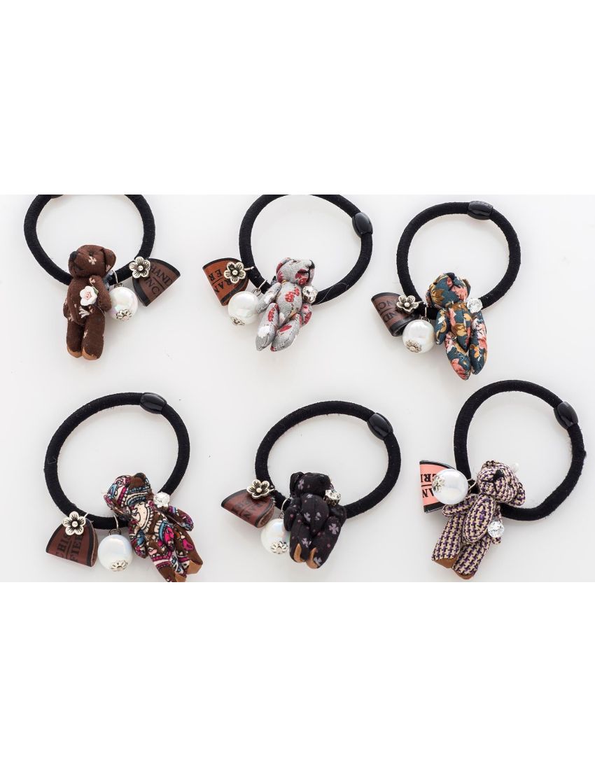 Λάστιχο υφασμάτινο διακοσμημένο με τρισδιάστατο αρκουδάκι,πέρλα και δερμάτινη ετικέτα