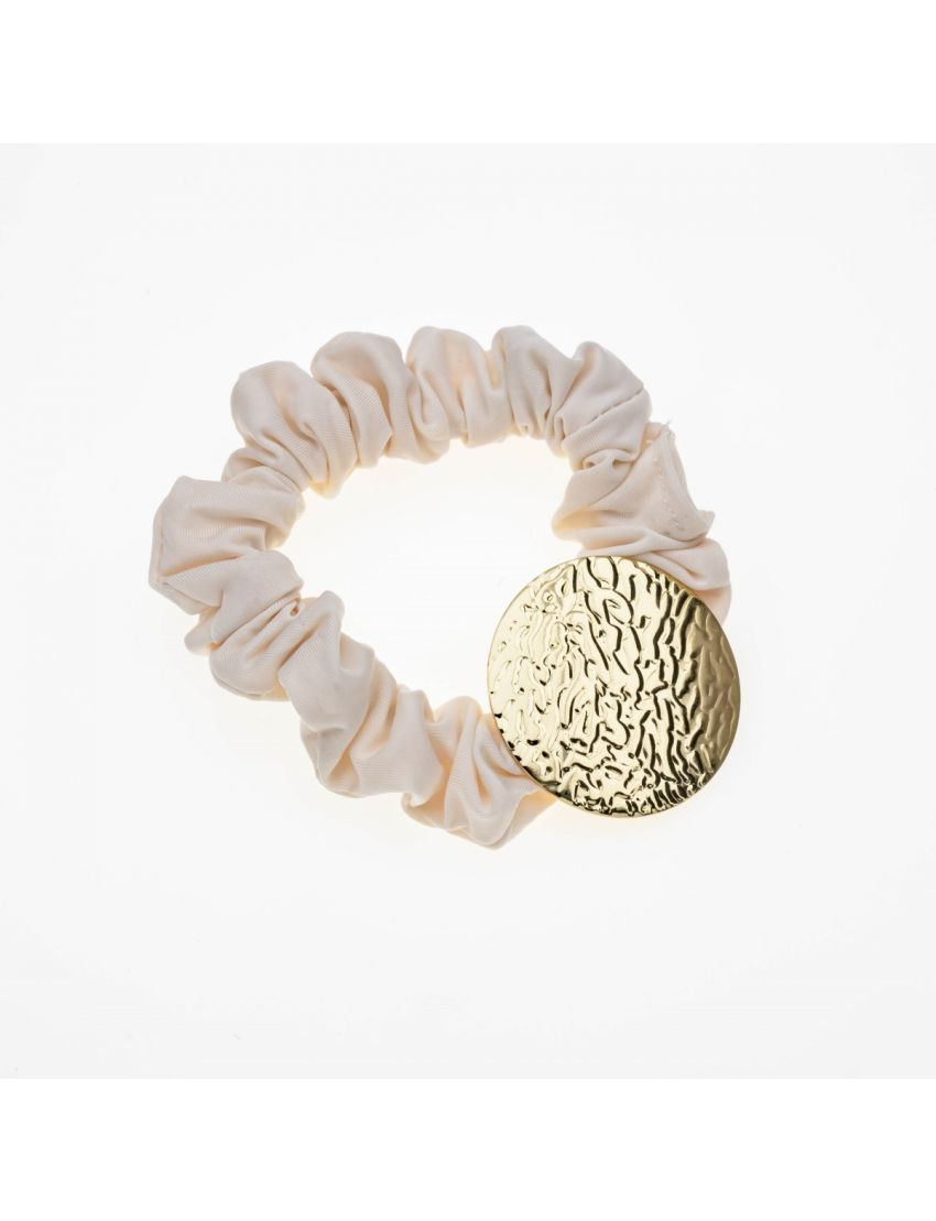  Υφασμάτινο Λάστιχο Μαλλιών σε Καφέ, Μαύρο και Εκρου με Διακοσμητικό Σαγρέ Χρυσό