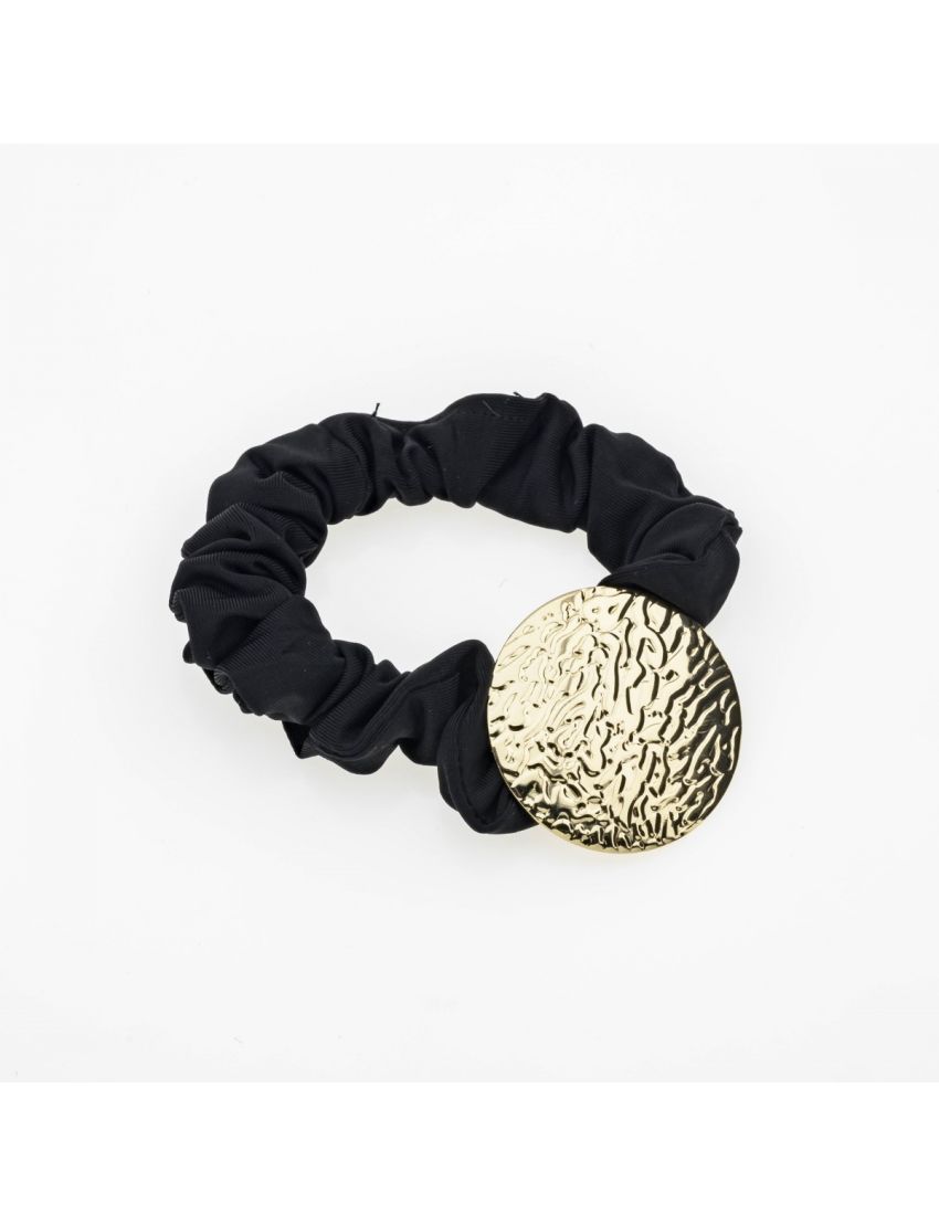  Υφασμάτινο Λάστιχο Μαλλιών σε Καφέ, Μαύρο και Εκρου με Διακοσμητικό Σαγρέ Χρυσό