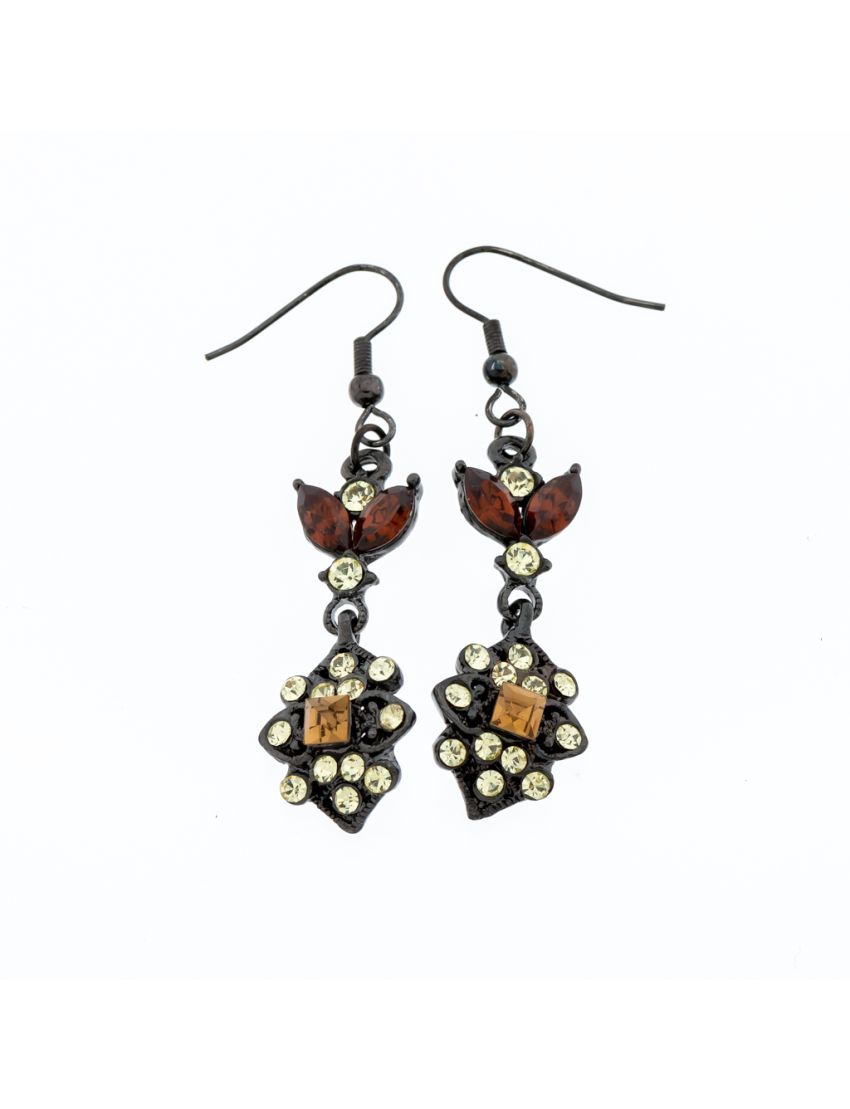 Σκουλαρίκια μεταλλικά παλαιωμένα διακοσμημένα με στράς σε 3 χρώματα