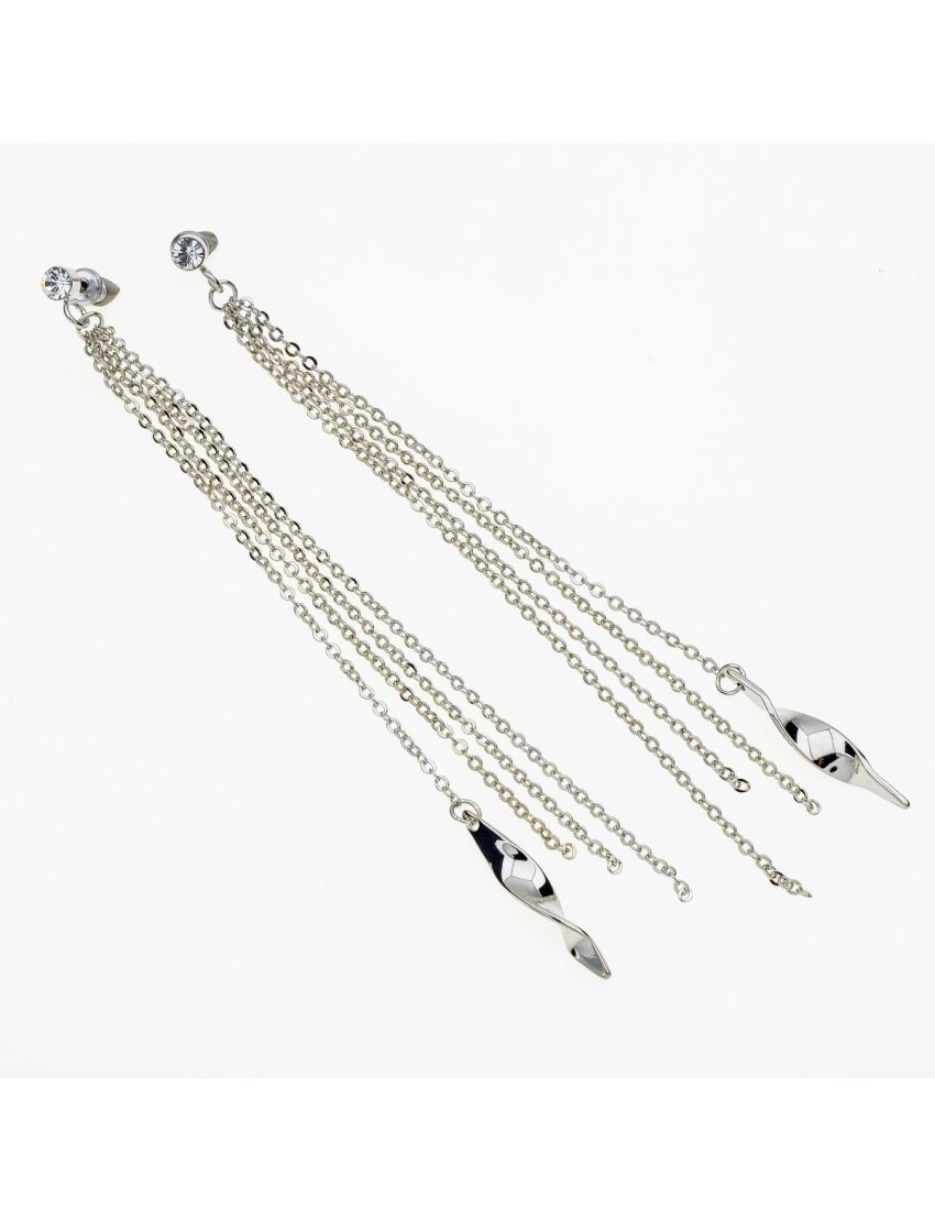 Σκουλαρίκια μεταλλικά ασημί με αλυσίδες,στράς και μεταλλική λεπτομέρεια