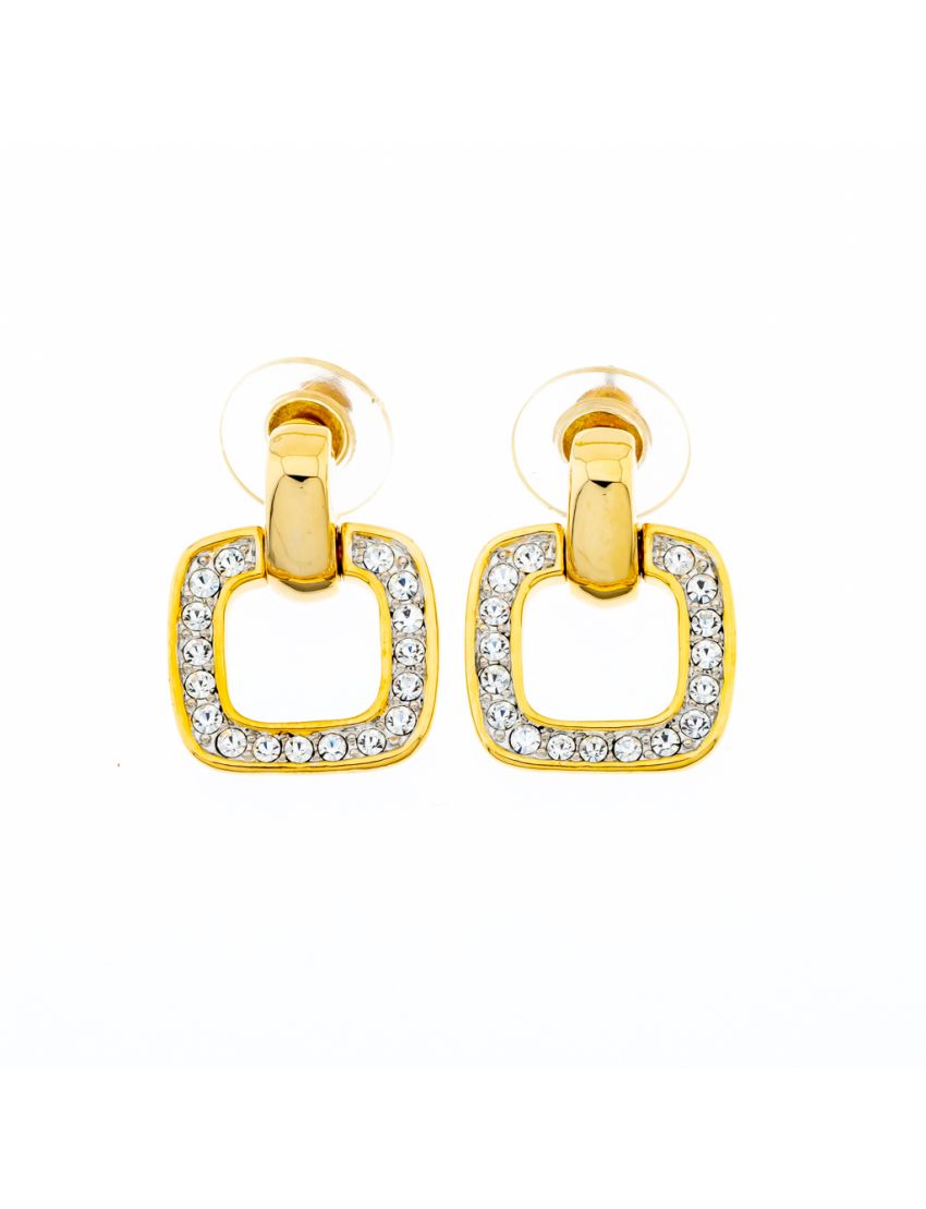 Σκουλαρίκια μεταλλικά σε χρυσό χρωμα τετράγωνα διακοσμημένα με στράς