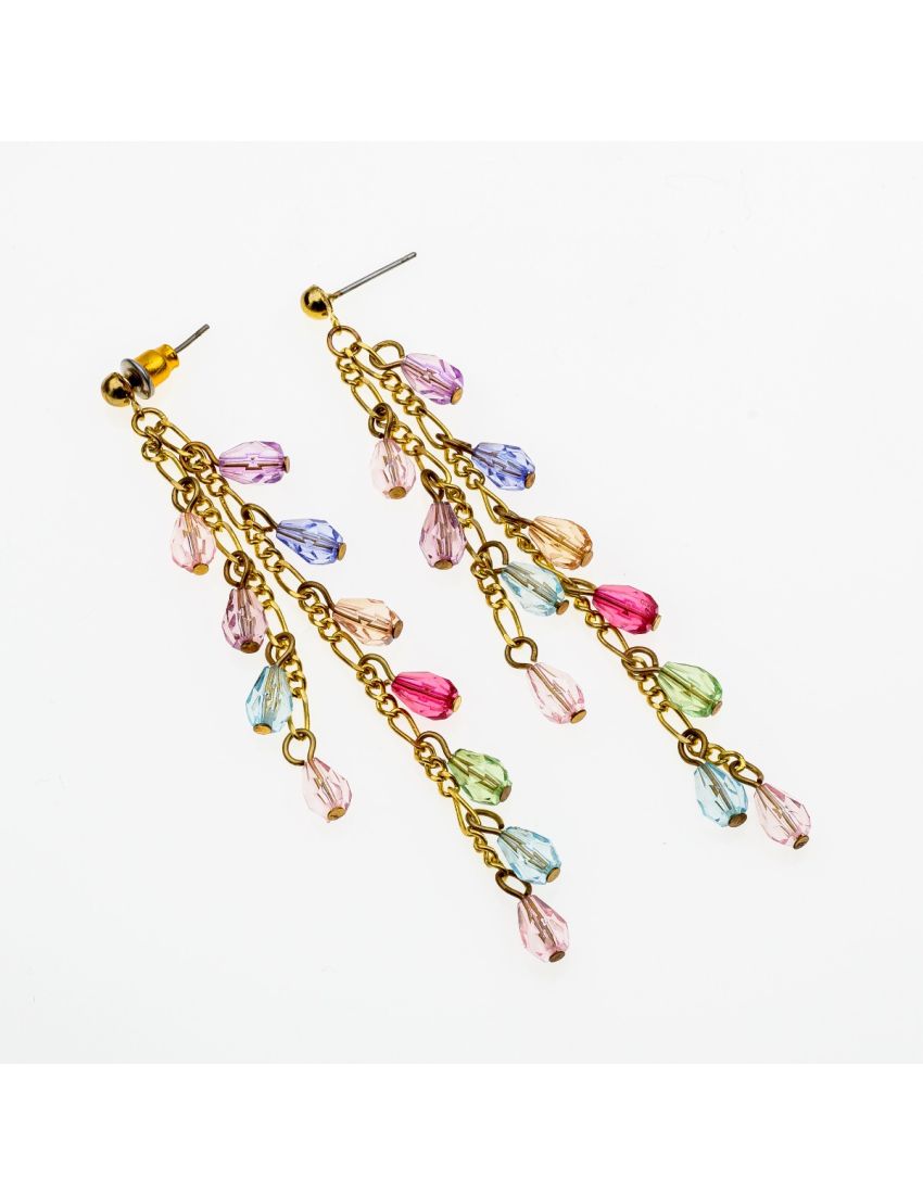 Σκουλαρίκια μεταλλικά με χρυσή αλυσίδα και πολύχρωμες χάντρες