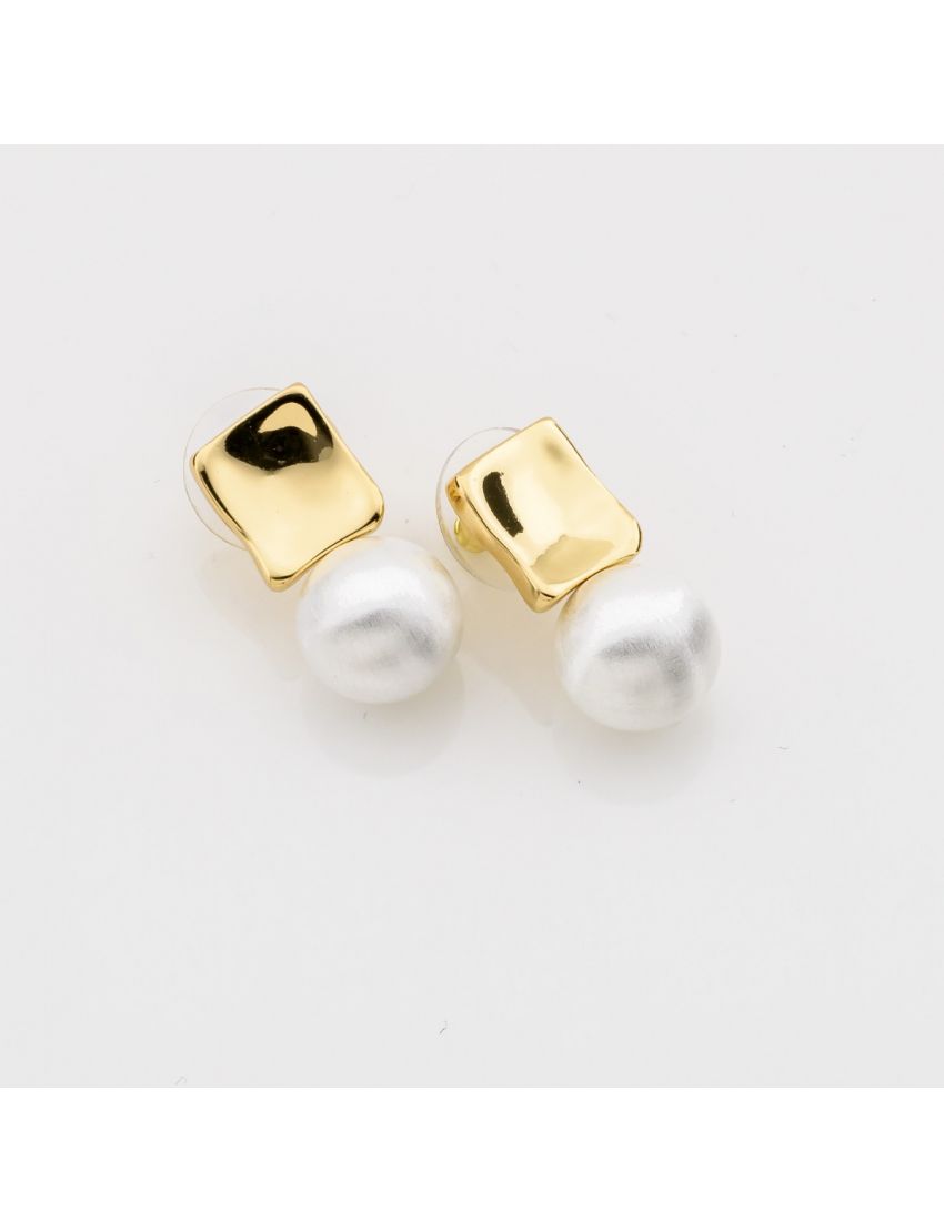 Μικρά Τετράγωνα Χρυσά Σκουλαρίκια με Λευκή Πέρλα