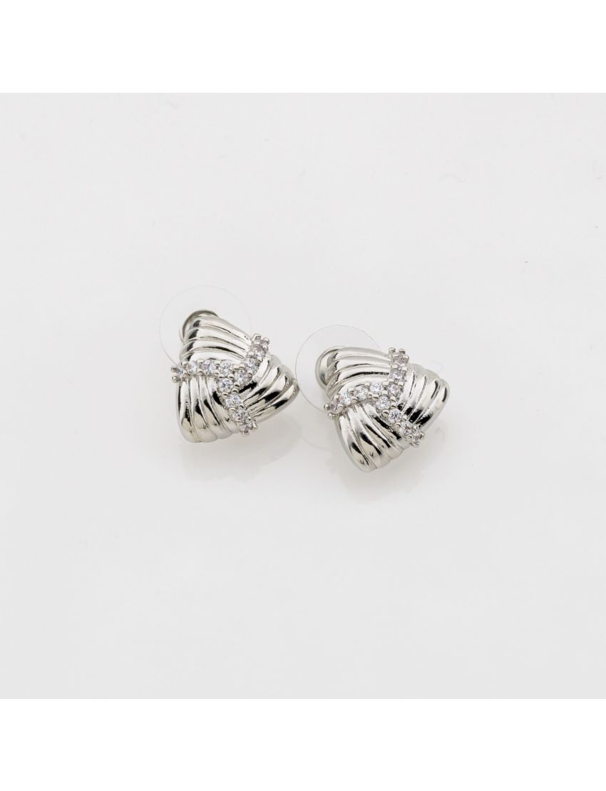 Σκουλαρίκια με Ανάγλυφο Τριγωνικό Σχέδιο & Λευκά Στράς 