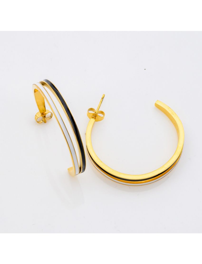 Σκουλαρίκια Κρίκοι Χρυσοί με Μαύρες & Λευκές Ρίγες