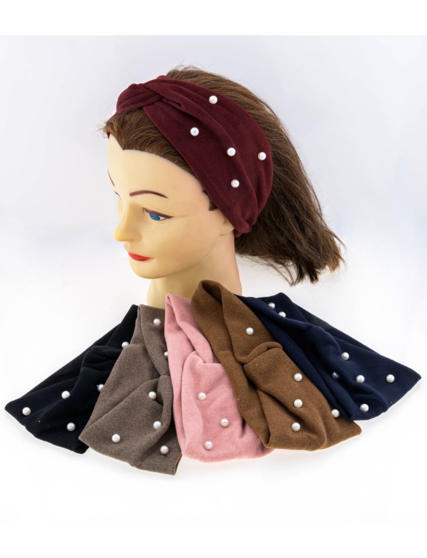 Κορδέλα μάλλινη διακοσμημένη με λευκές πέρλες σε 6 χρώματα