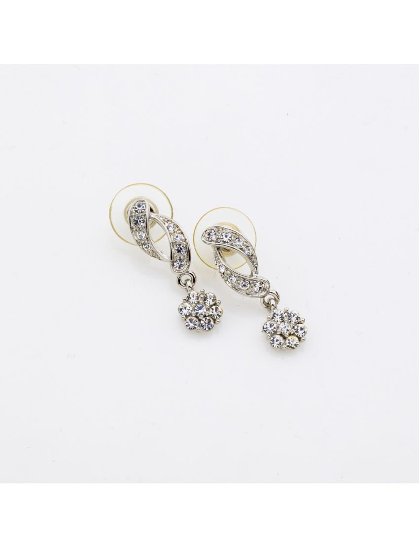 Σκουλαρίκια μεταλλικά ασημί κρεμαστά λουλούδι με στράς