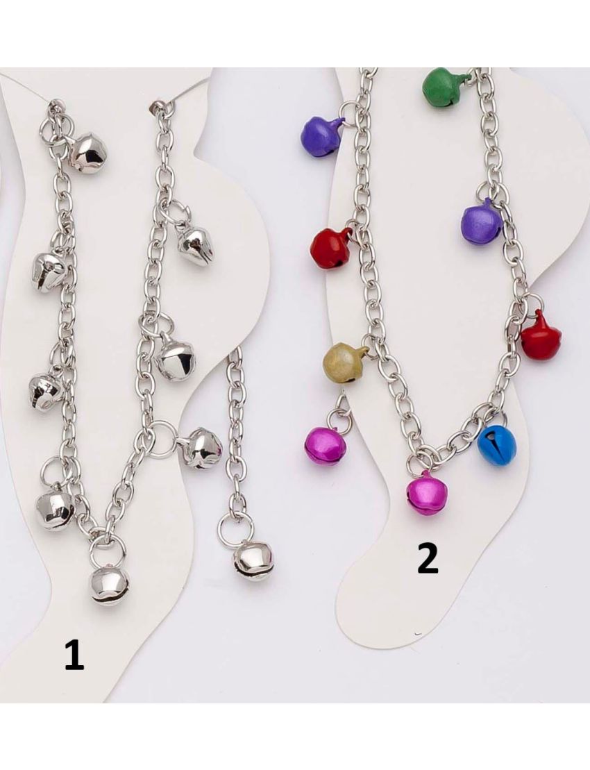 Αλυσίδα ποδιού σε ασημί χρώμα διακοσμημένη με μονόχρωμα και πολύχρωμα καμπανάκια