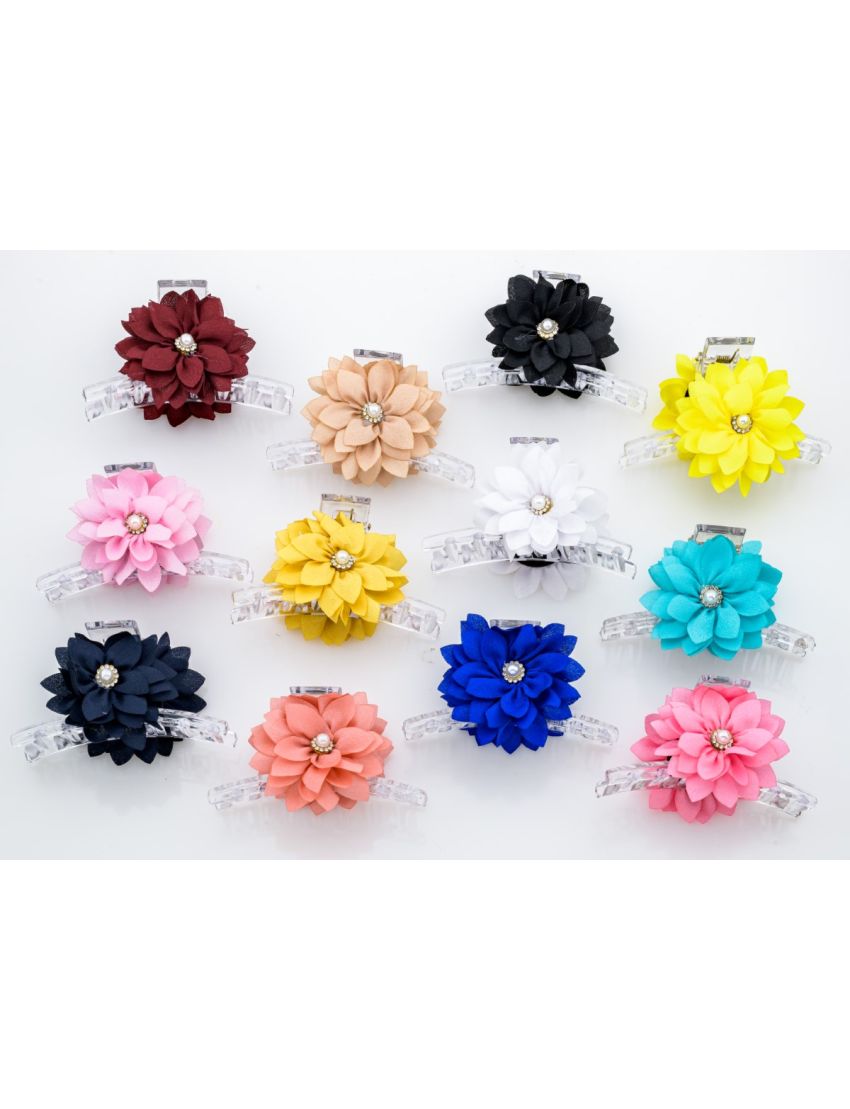 Κλάμερ πλαστικό διάφανο με υφασμάτινη μαργαρίτα διακοσμημένη με πέρλα σε 12 χρώματα