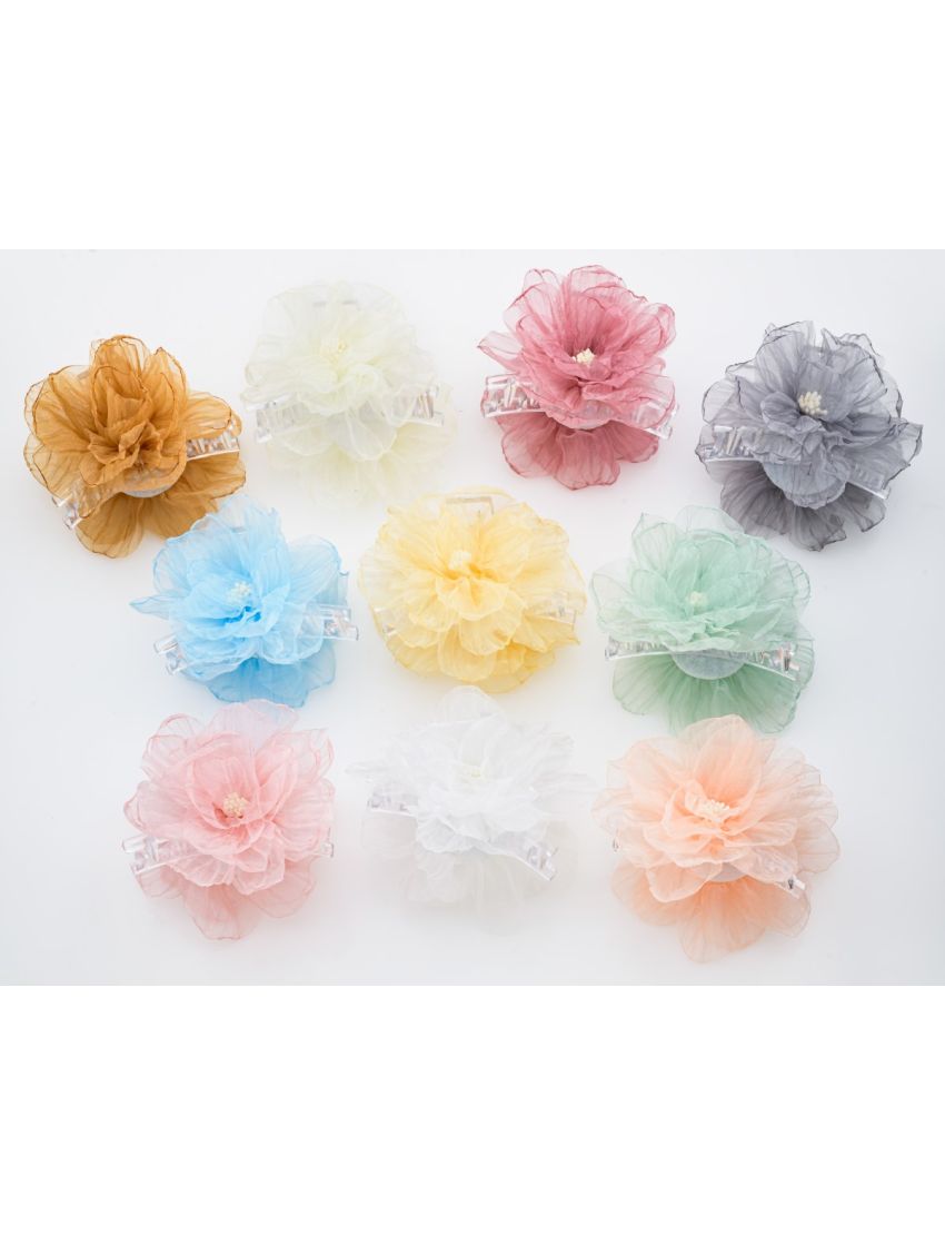 Κλάμερ πλαστικό διάφανο διακοσμημένο με μεγάλο λουλούδι οργάτζα σε 10 χρώματα