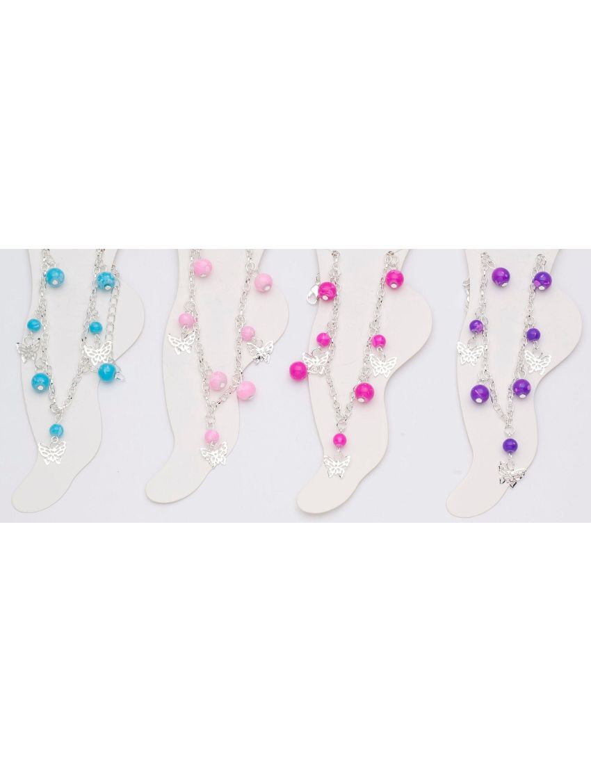 Αλυσίδα ποδιού σε ασημί χρώμα διακοσμημένη με χάντρες και μεταλλικές πεταλούδες